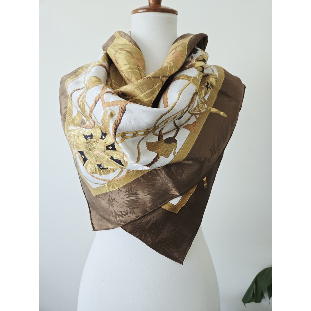 Carres du Louvre Paris Vintage Silk Scarf Brown Gold Art‎ to Wear Square Large